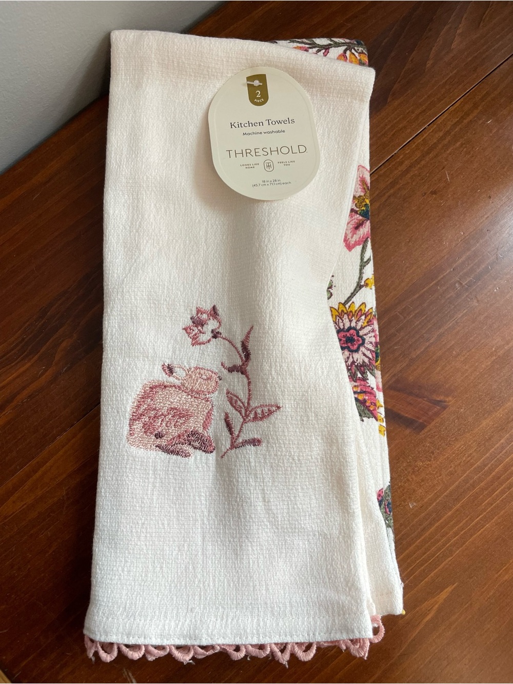New Threshold White Kitchen Towel Set with Pink Floral Embroidery - 2 Pack